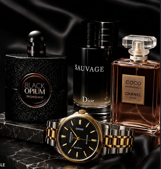 Luxury perfumes and watches display